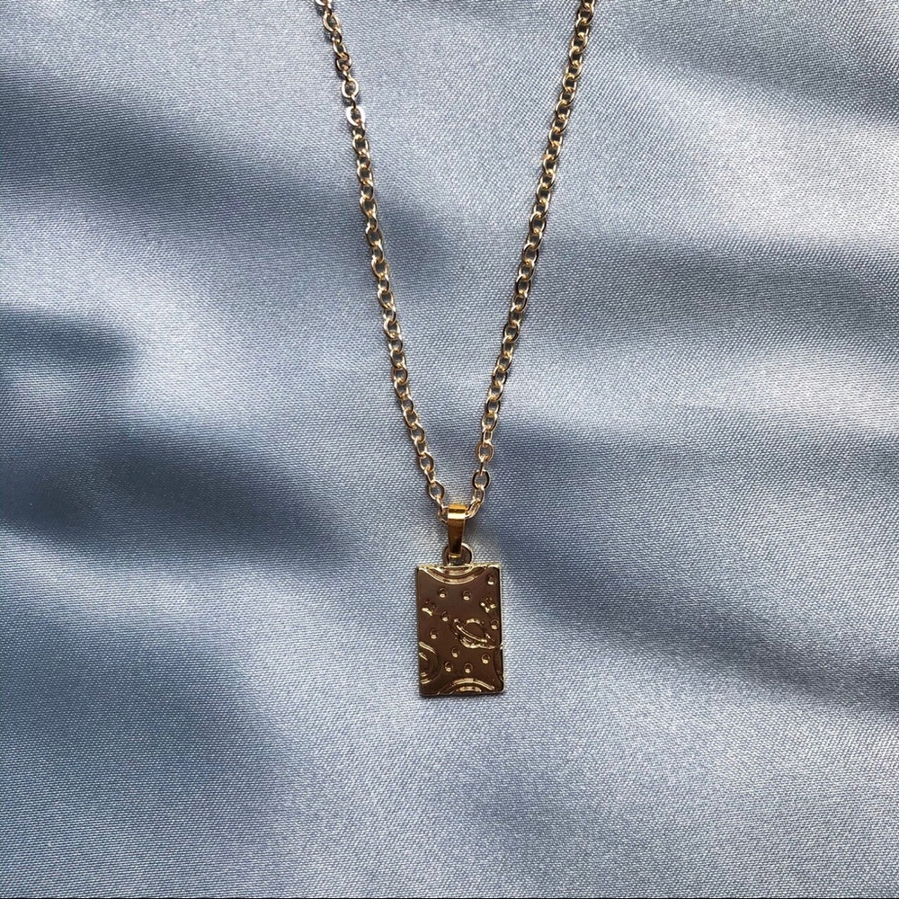 Gold Planet Rectangle Charm Necklace